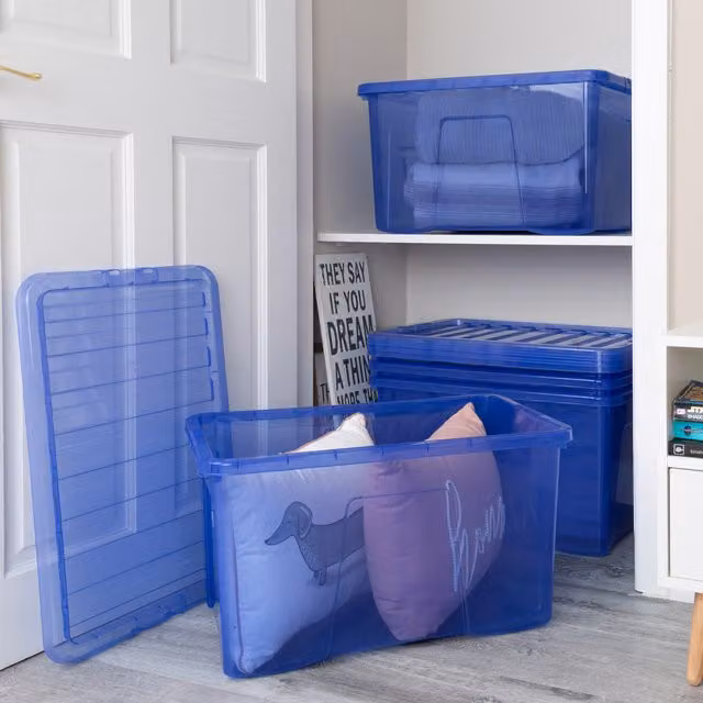 Wham Crystal Stackable Plastic Storage Boxes with Lids, 60L, Spectrum Blue