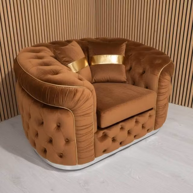 Stratus Interiors Ambassador Chesterfield Sofa in Light Tan Plush Velvet with Gold Trim