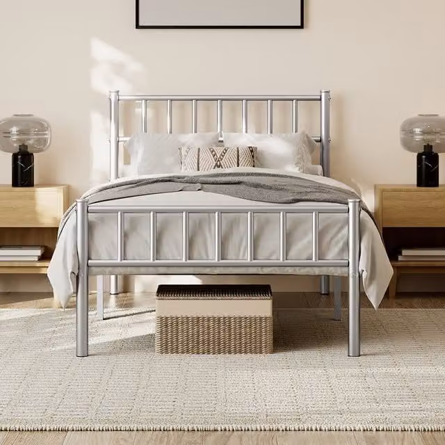 Yaheetech Single Metal Bed Frame in Matt Silver