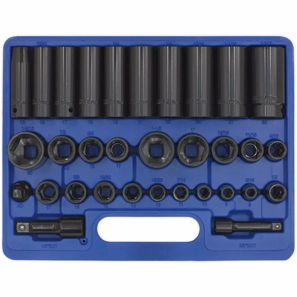 Loops 32 Piece Multicolour Impact Socket Set with 3/8" and 1/2" Sq Drive Standard and Deep Sockets – 3