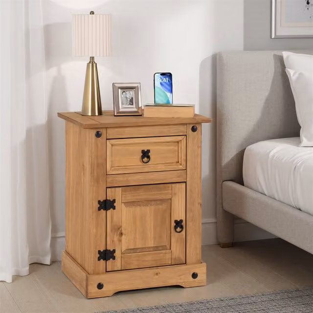 Seconique Corona Essentials 1 Door 1 Drawer Bedside Cabinet in Natural Distressed Waxed Pine