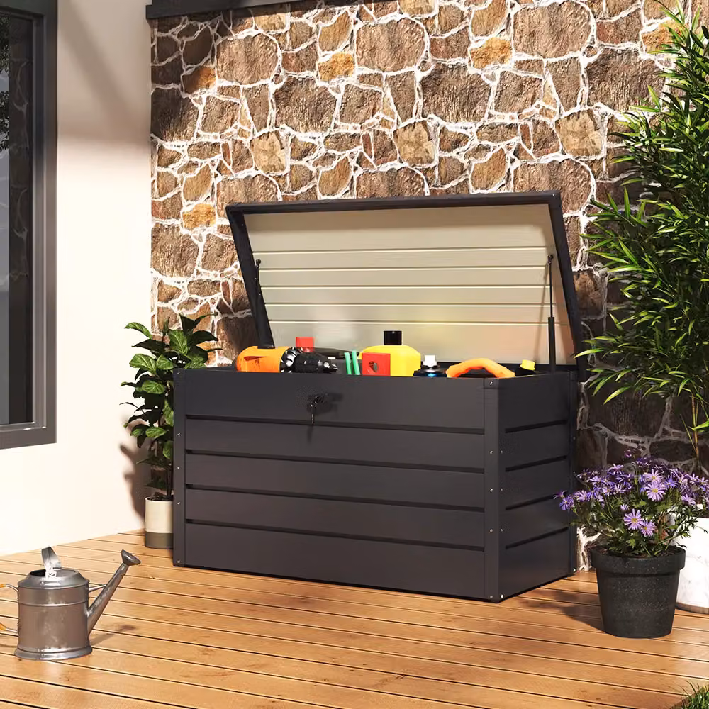 Living and Home Lockable Metal Garden Storage Box for Tools in Black – 4
