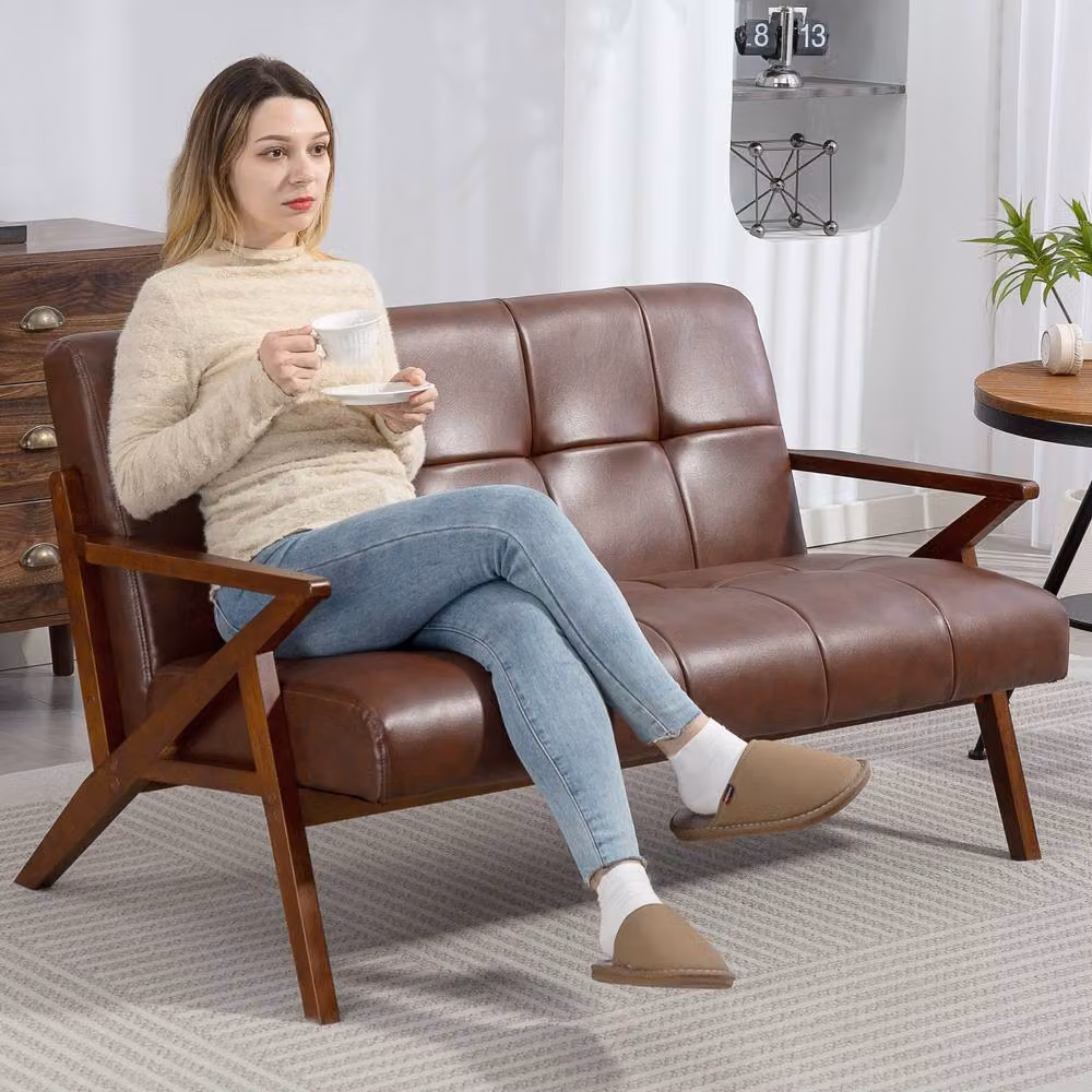 STILVORA 2 Seater Click Clack Sofa in Brown Synthetic Leather with Solid Beech Wood Frame, W/D/H: 133 x 78.5 x 81 cm – 2