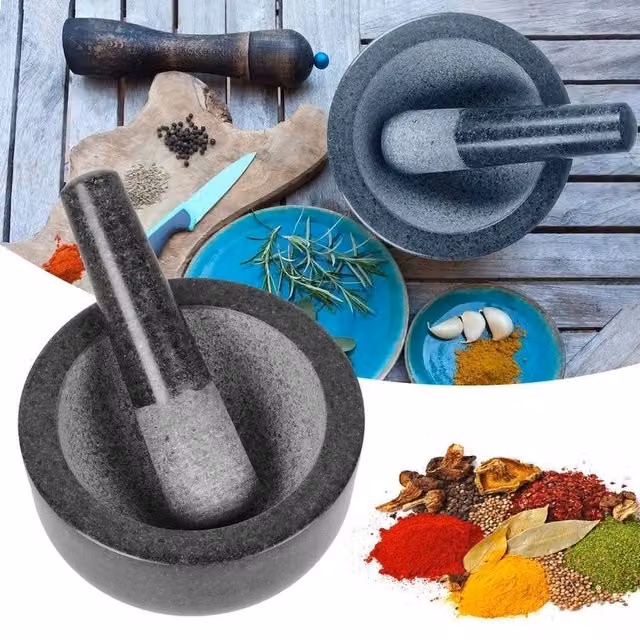SPETLEK Large Round Granite Pestle and Mortar Set in Black