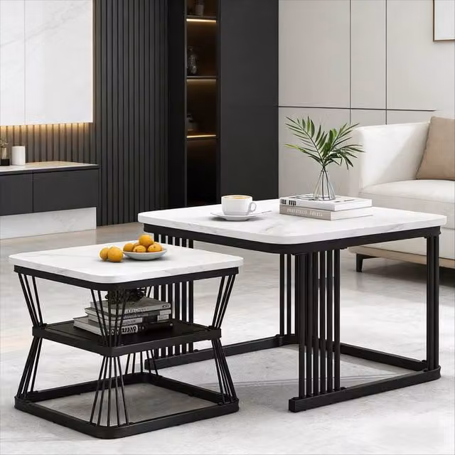 BTM Set of 2 Square Nesting Tables in White and Black with Marble Effect MDF Tops and Metal Frames – 1