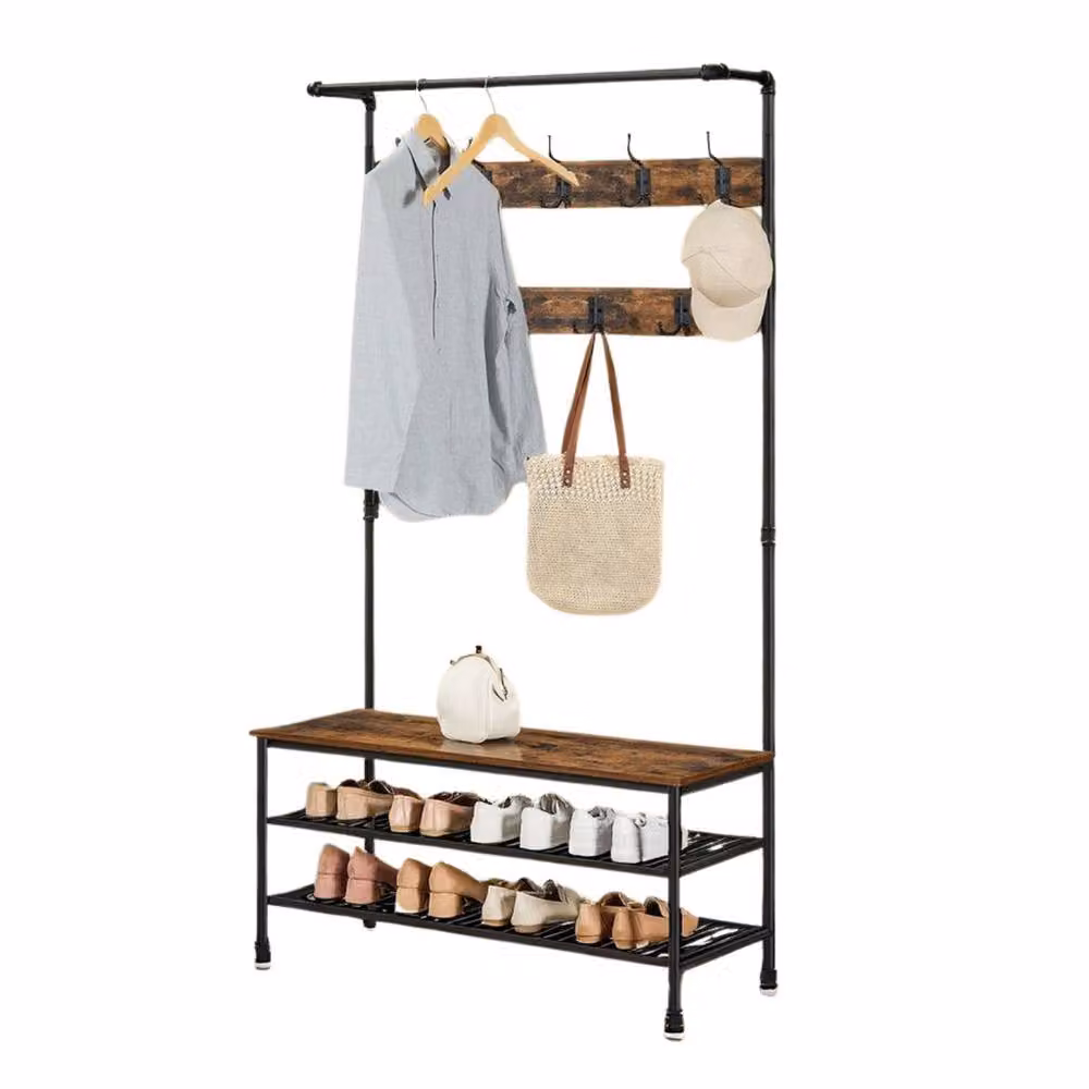 Pirlo Plush Hall Tree Coat Rack with Shoe Storage and Hooks, Brown, H: 182.0 cm x W: 100.0 cm – 4