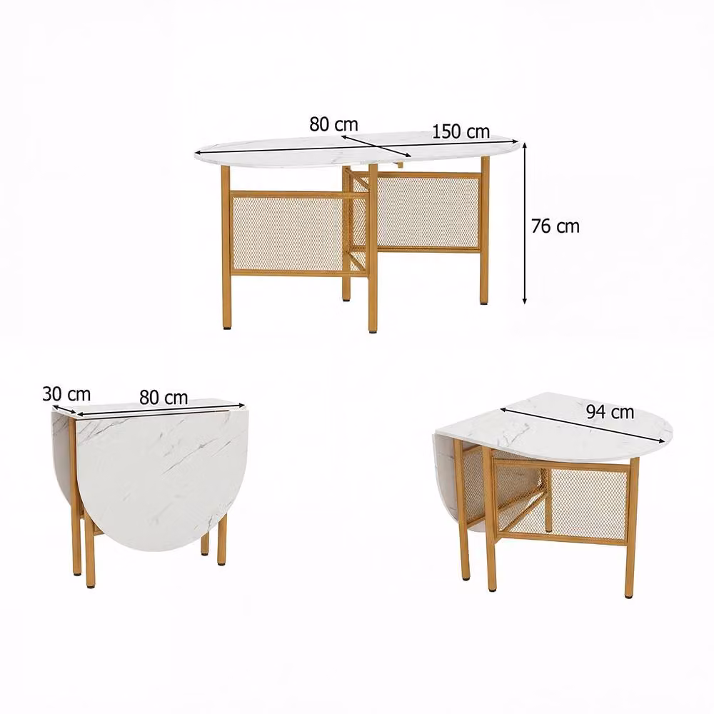 Costway Modern White and Gold Marble Drop Leaf Folding Dining Table, W: 150 cm, H: 76 cm – 2