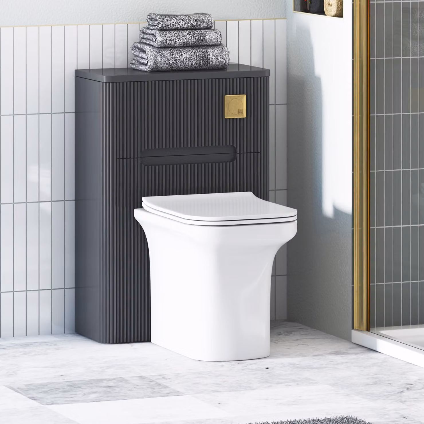 Avenza Matt Obsidian Black BTW Wall Mounted WC Unit with Crosby Rimless Ceramic Toilet Pan, Seat and Cistern, Width: 55 cm