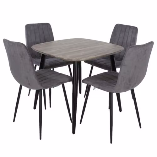 Core Products Aspen 5-Piece Dining Set with Square Grey-Oak Effect Table and 4 Grey Upholstered Fabric Chairs with Black Metal Legs – 1