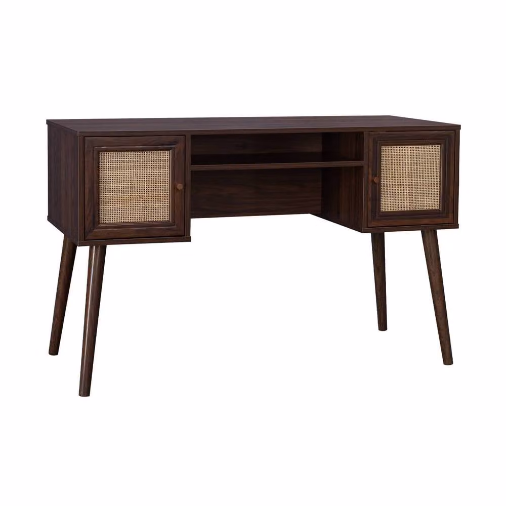 Sweek 2-door retro writing desk with wood and cane effect in brown, W/D/H: 120 x 55 x 76.5 cm – 2