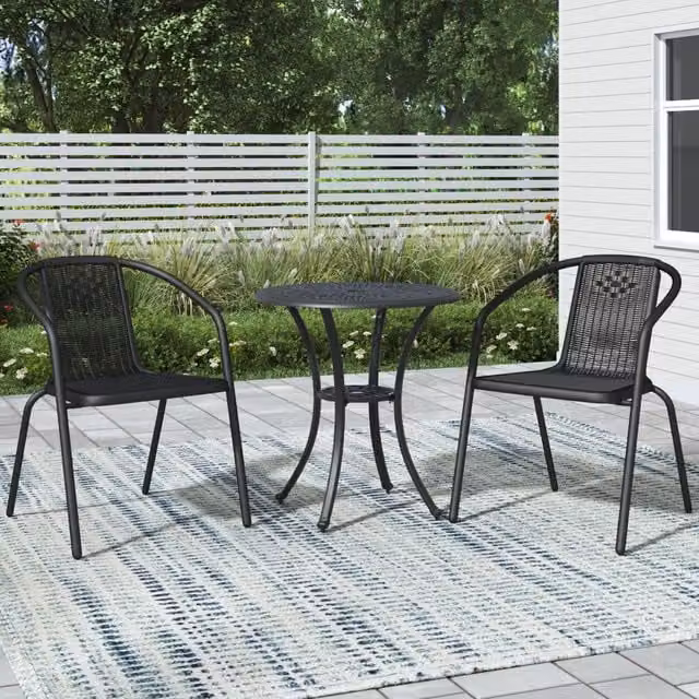 Breeins Modern Round Outdoor Dining Set with 1 Table and 2 Stacking Chairs in Matt Black
