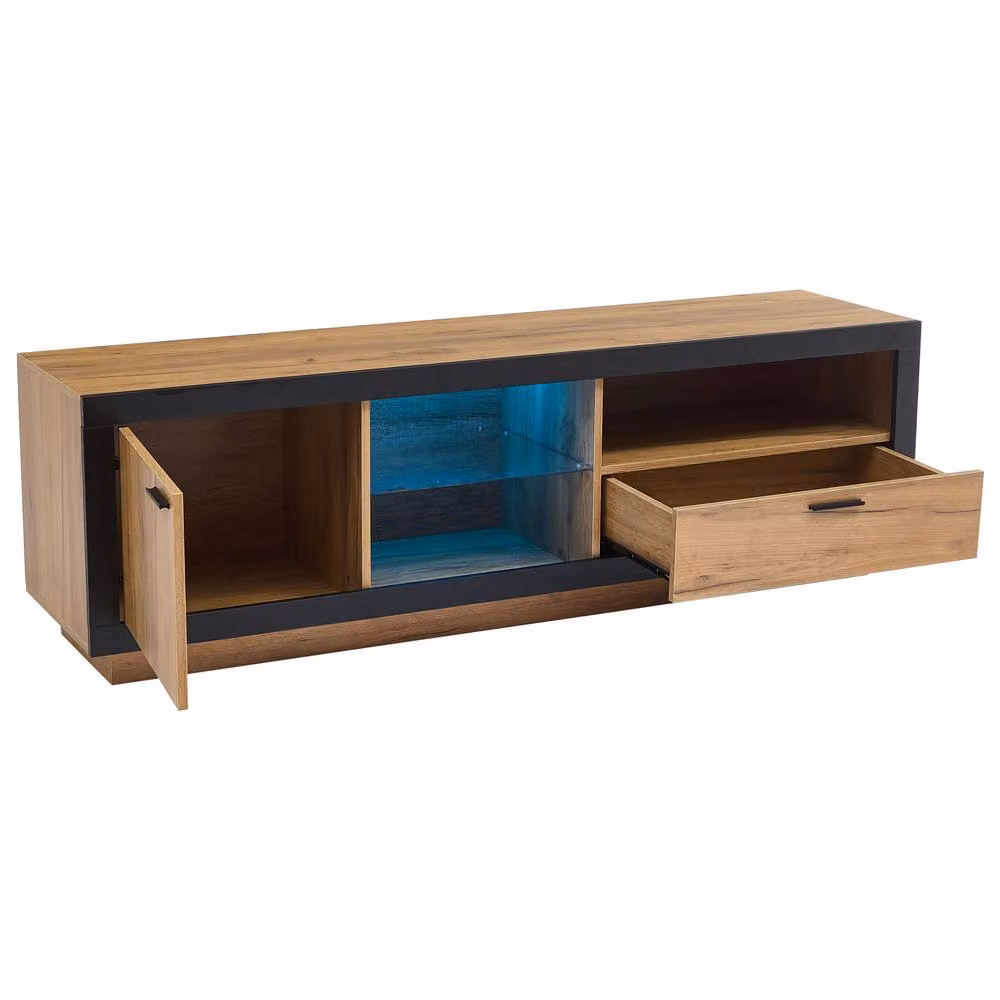 ModernLuxe Modern TV Cabinet with LED Light, 1 Drawer and 1 Door in Natural, W: 160 cm, D: 40 cm, H: 50 cm – 6