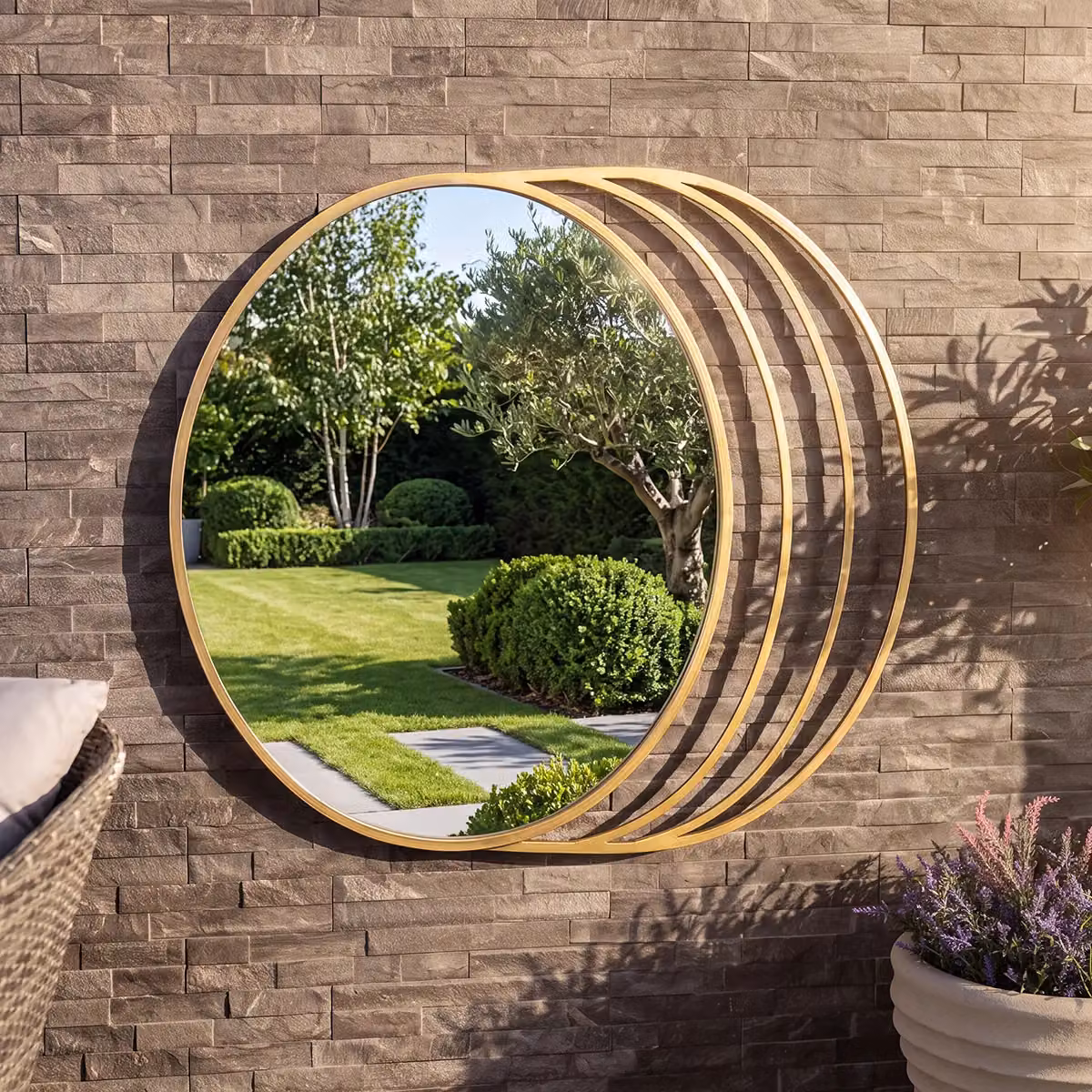 Charles Bentley Prague Round Art Deco Wall Mount Mirror in Gold Metal – 2