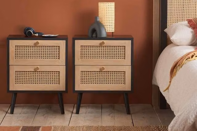 Birlea Croxley Pair of 2 Drawer Rattan Bedside Cabinets in Black and Gold