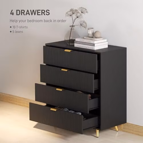 HOMCOM Modern Black Chest of Drawers with 4 Drawers and Gold Handles, W/D/H: 80 x 40 x 90 cm – 4