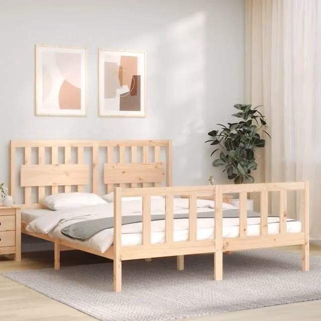 Berkfield Home King Size Solid Pine Wood Bed Frame with Headboard in Brown, 180 x 200 cm