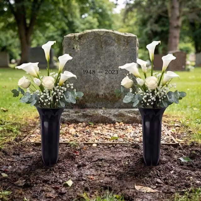 EONLION Set of 2 Black Plastic Grave Vases with Spikes for Cemetery Flower Pots – 1