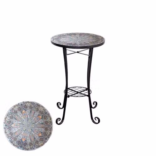 SHATCHI Cairo Mosaic Side Table and Plant Stand with Shelf, Multicolour, W/D/H: 35 x 35 x 54 cm