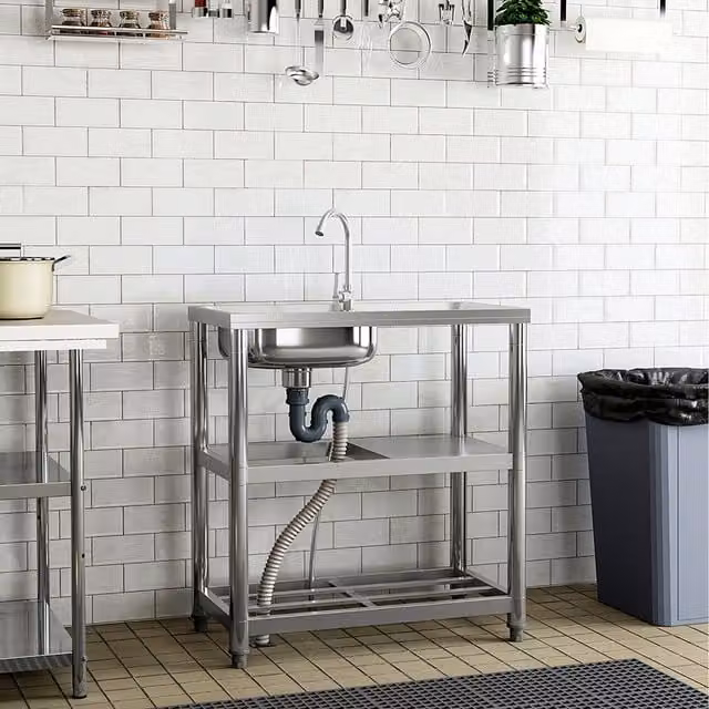 Garden Sanctuary Rectangle Stainless Steel Sink with Shelves, Silver, Width: 75 cm