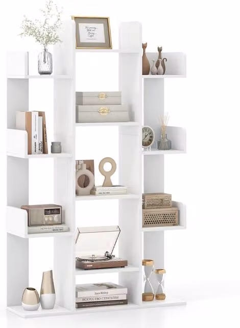 COSTWAY Modern White Tree Bookshelf with 13 Open Shelves