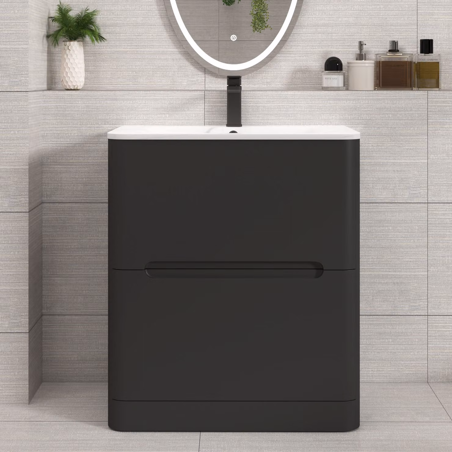 Royal Bathrooms Venice 700mm Matt Nocturne Black Floor Standing 2 Drawer Vanity Unit with Carrara White Basin