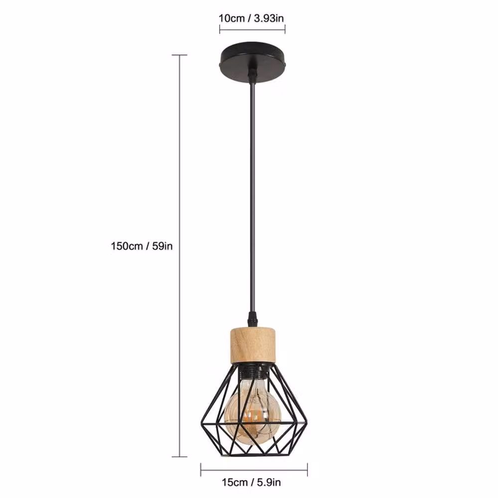 COMELY Vintage Industrial Pendant Light, Black Metal and Wood Cage Design with E27 Socket – 3