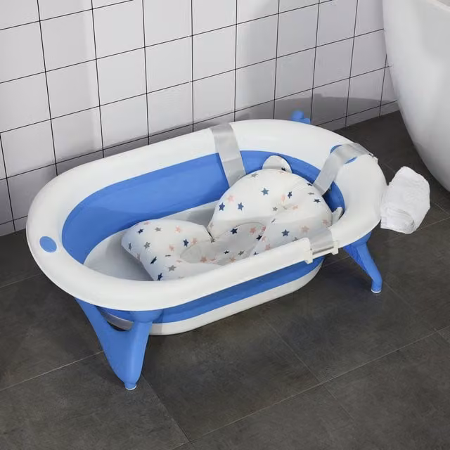 HOMCOM Foldable Baby Bath Tub with Temperature Indicator and Non-Slip Base in Blue and White