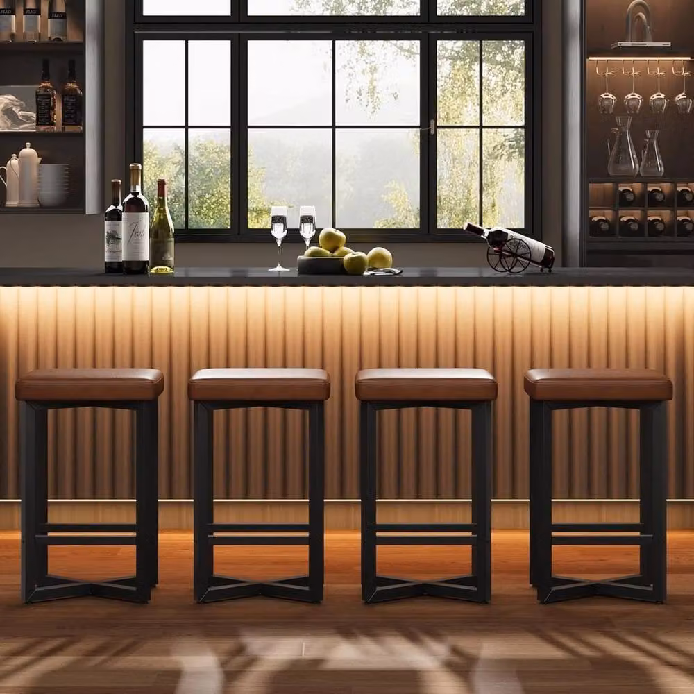 VOGREX Set of 4 Brown Synthetic Leather and Metal Industrial Backless Counter Height Bar Stools – 4