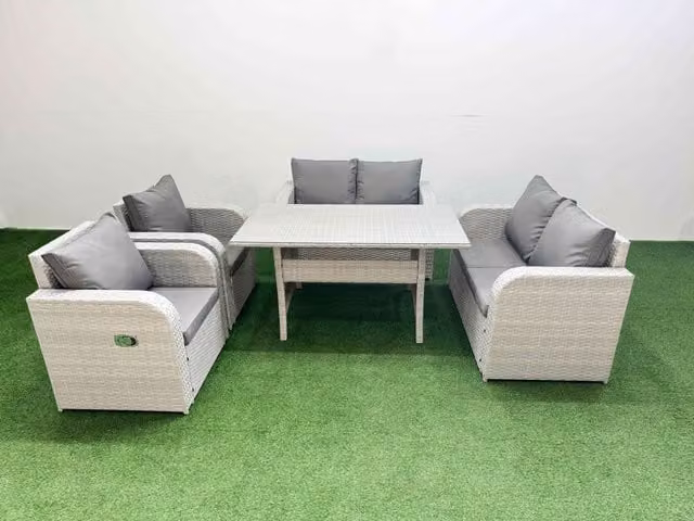 Fimous 6 Seater Rattan Garden Furniture Set with Rectangular Dining Table in Light Grey