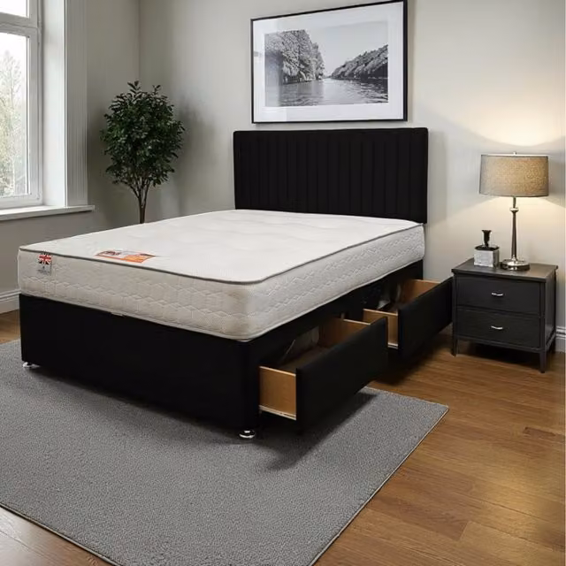 Knight Sleep Emily Plush Hybrid Bed Set with Upholstered Headboard and Drawers, Black/Grey, W/D/H: 180 x 200 cm