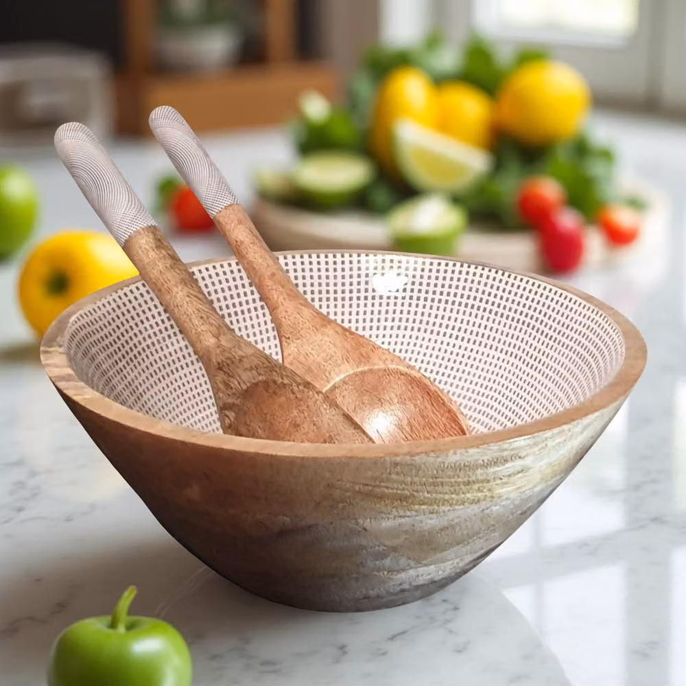 Hartsmede Geometric Handmade Wooden Serving Bowl with Spoons, 3L, Grey or Blue – 2