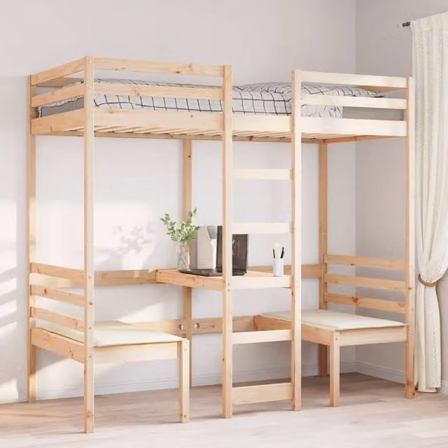 Berkfield Home Loft Bed Frame with Desk and Chairs in Light Brown Solid Pine W/D/H: 190.5 x 75 x 82.5 cm