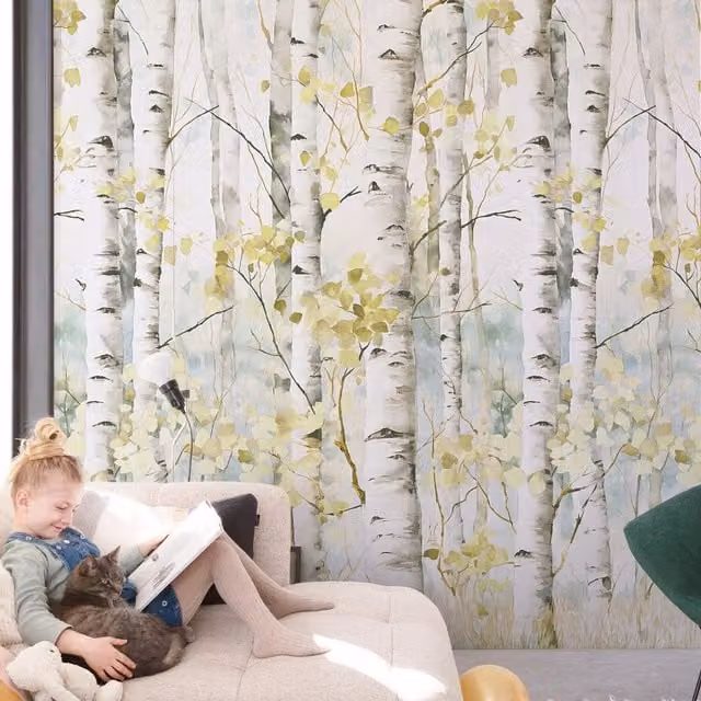 Grandeco Betula Silver Birch 3 Lane Repeatable Wallpaper Mural in Neutral Silver and Multicolour