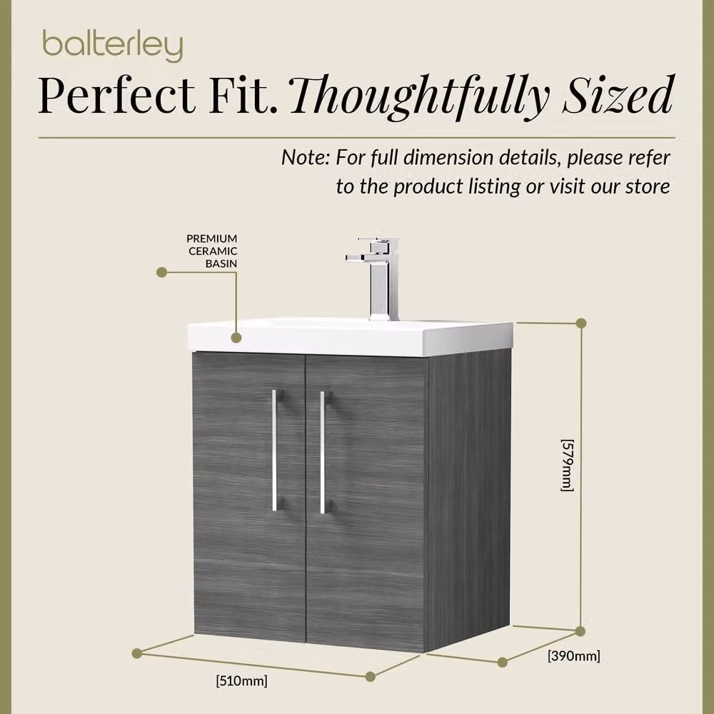 Balterley Contemporary Wall Hung Bathroom Vanity Unit with 2 Soft-Close Doors and Mid-Edge Ceramic Basin, Anthracite Woodgrain Grey, W: 50 cm, D: 57.9 cm, H: 50 cm – 3