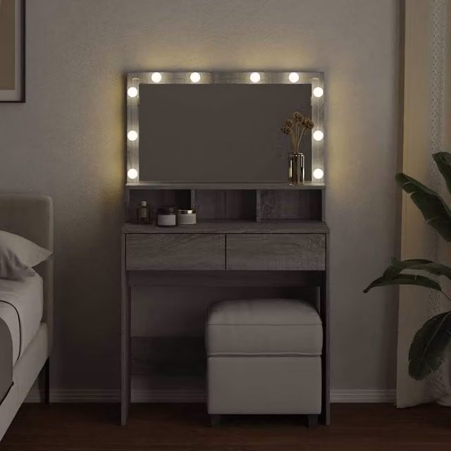 Berkfield Home Beautiful LED Dressing Table in Grey Sonoma, W/D/H: 80 x 41 x 134.5 cm