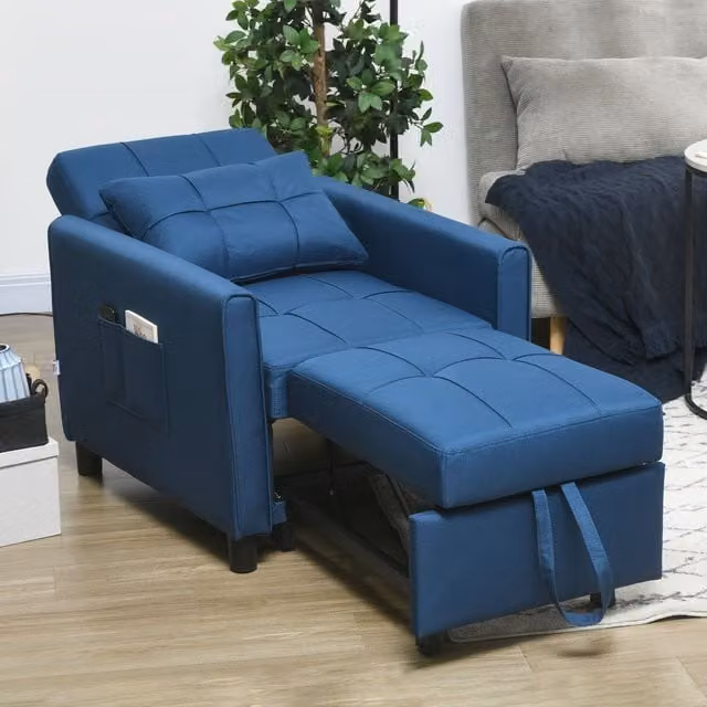 HOMCOM Blue Folding Chair Bed with Pillow and Side Pockets – 1