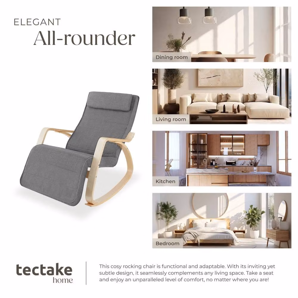 tectake Onda Rocking Chair in Light Grey with Armrests and Birch Wood Frame – 5