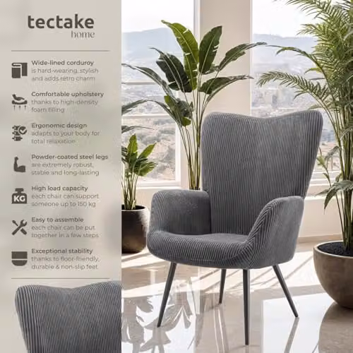 tectake Hygge Corduroy Armchair in Scandinavian Style with Foam Padding and Metal Frame, Anthracite/Black/Grey – 4