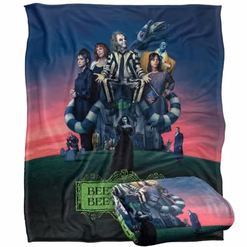 LOGOVISION Beetlejuice Gangs All Here Super Soft Microfibre Fleece Throw Blanket, White and Multicolour, W: 152 cm, D: 127 cm