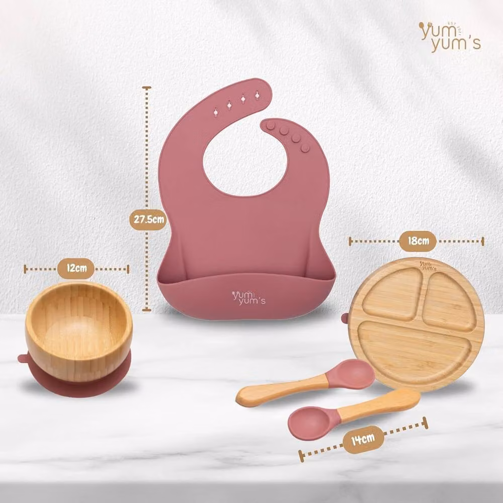 Yum Yums 6-Piece Pink Silicone and Bamboo Baby Weaning Feeding Set – 2