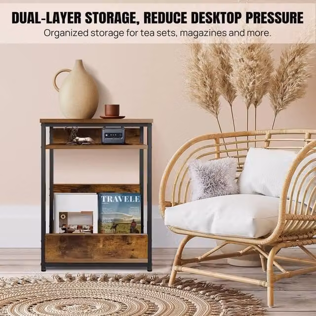EONLION Type B 3 Tier Narrow Industrial Side Table and Bedside Table in Brown and Black, H: 100 cm, W: 63.8 cm, D: 45 cm