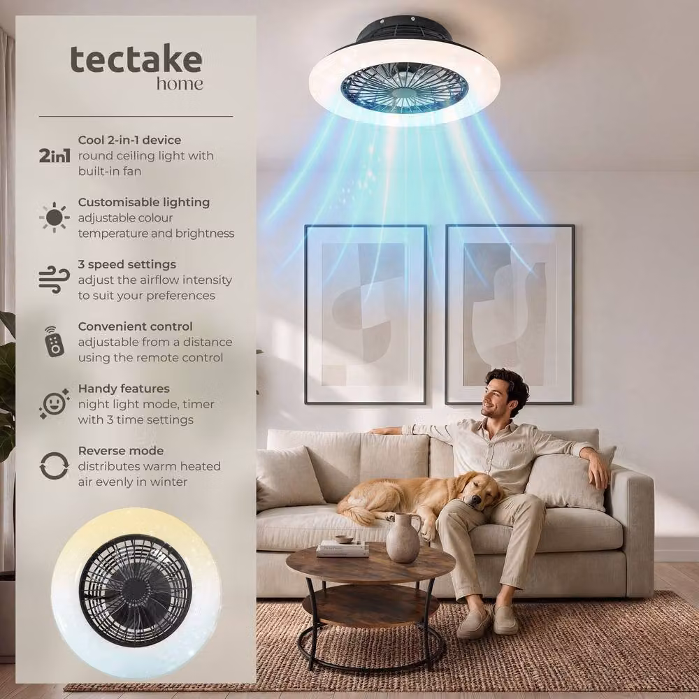 tectake Storm LED Ceiling Light with Fan in Black, Dimmable with Remote Control and Night Light Function – 2