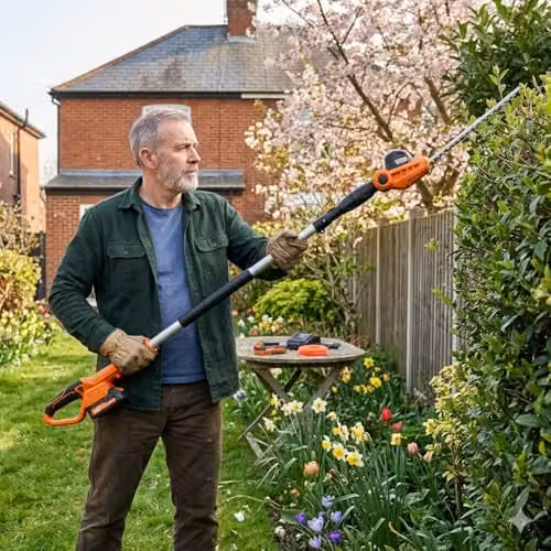 Cordless Long Reach Pole Hedge Trimmer with 420mm Blade and 16mm Teeth in Orange, including 20v Rechargeable Battery and Quick Charger – 2