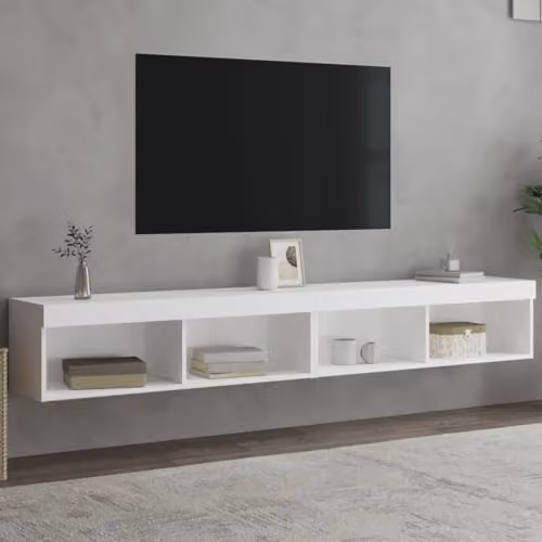 vidaXL Set of 2 Modern Wall-Mounted TV Cabinets with Integrated LED Lights, White, W/D/H: 100 x 30 x 30 cm – 2