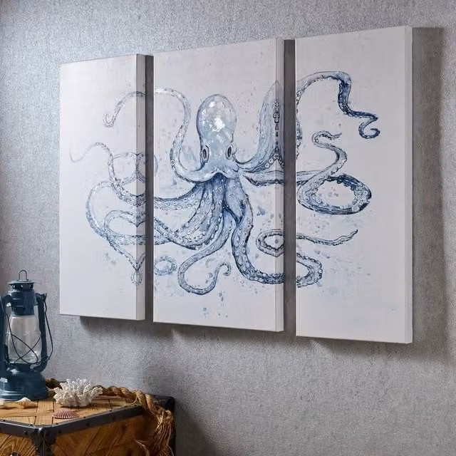 Under the Sea Hand Printed Blue and Silver Canvas Wall Art