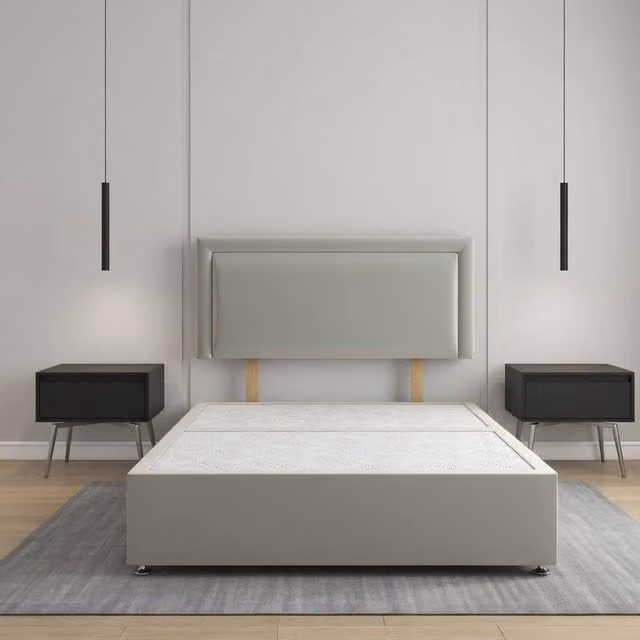 Regional Furnishings Luxury Super King Divan Bed Base with 24 inch Plush Velvet Headboard in Silver, W/D/H: 200 x 200 cm