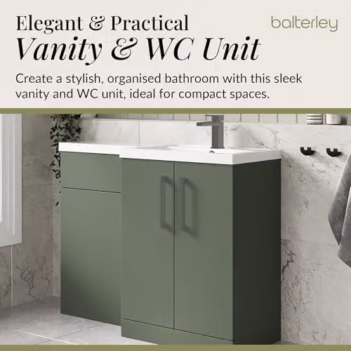 Balterley Green L-Shaped Vanity Unit with WC Unit and Brushed Pewter D Shape Handles, Floor Standing 2 Door Soft Close Bathroom Storage Set – 3