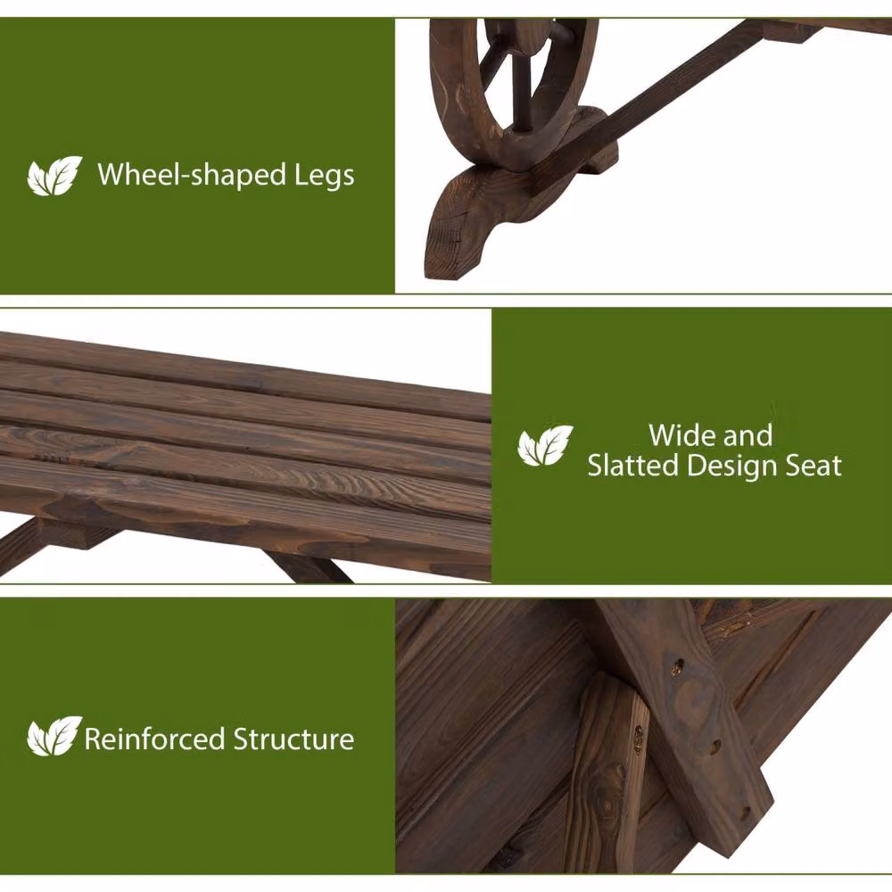 Wyld Haus Vini Rustic Fir Wood 2 Seater Garden Bench with Wagon Wheel Legs in Brown – 3