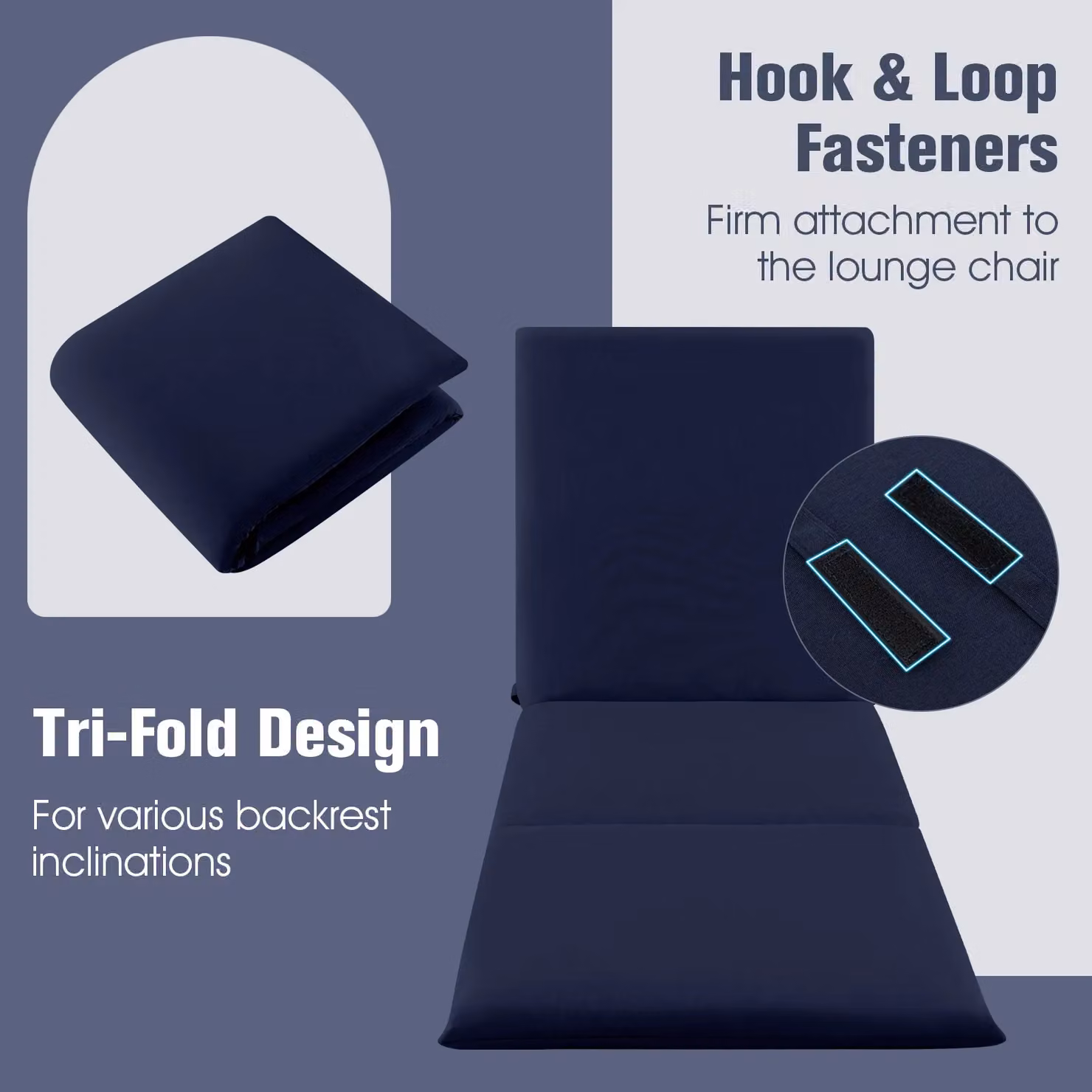 Costway 2 Piece Tri-Fold Chaise Lounge Cushion Set, Blue, W: 182 cm, D: 59 cm – 4