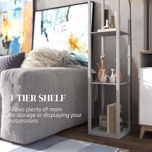 HOMCOM Modern Floor Lamp with 3 Shelves and Fabric Lampshade in Grey – 4